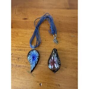 Art Glass Pendant Necklace Blue Floral + Extra Pendant Murano Style